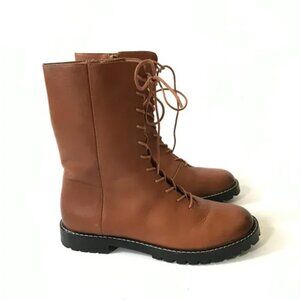 JCrew Gwen Lace Up Combat Boots Womens 9 Brown Lug Sole Leather BA186 Mid Calf